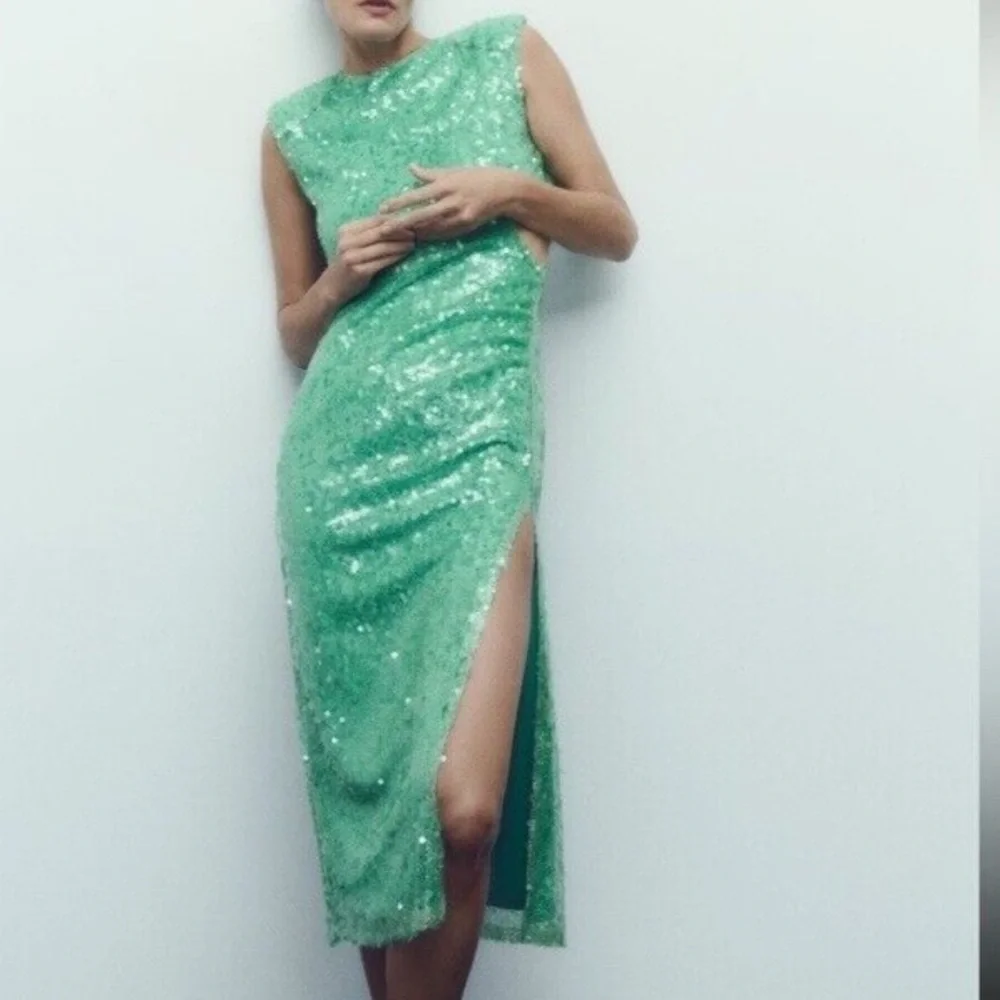 Zara NWT sea green sequin midi cut out dress 7990/908 - Picture 2 of 10